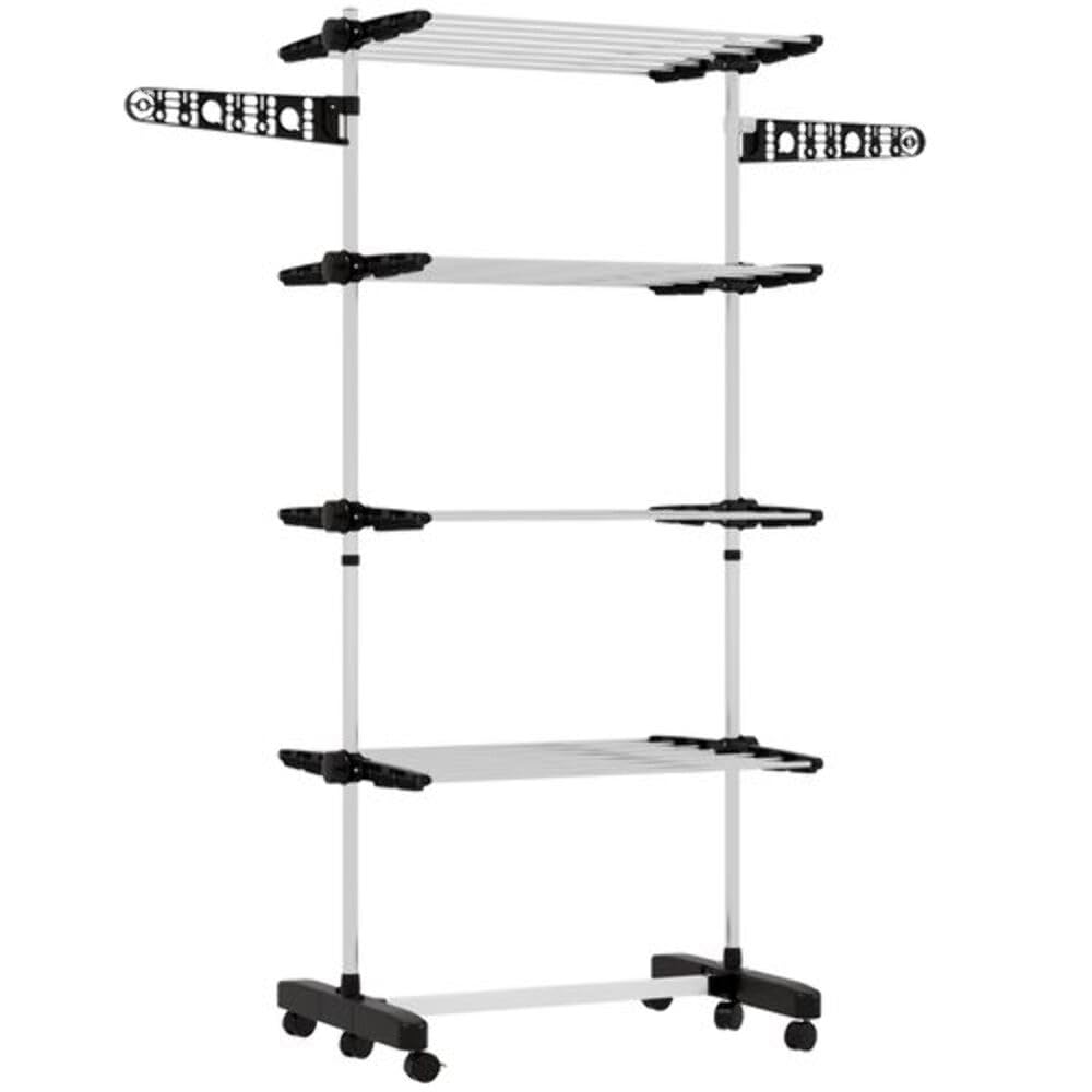 HOMCOM 4-Tier Clothes Airer Foldable with Wheels 142 x 55 x 172cm Black | Stainless Steel Clothes Drying Rack, Wings, Indoor and Outdoor, Easy Assembly