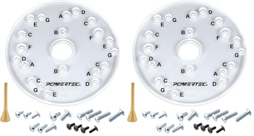 Image of POWERTEC 71369 Router Base Plate with Centering Pin | 6-1 /2 inch Diameter, 5 /16 inch Thick |Letter-Marked Pre-Drilled Holes (Pack of 2)