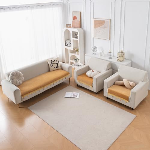 Image of HOKIPO 'Serenity Tassel' Chenille Sofa Cover 5 Seater Set with Tassels - Washable 3+1+1 Sofa Cover Mat | Sunlit Amber (IN-890 * 2 + IN-892 - GLD)
