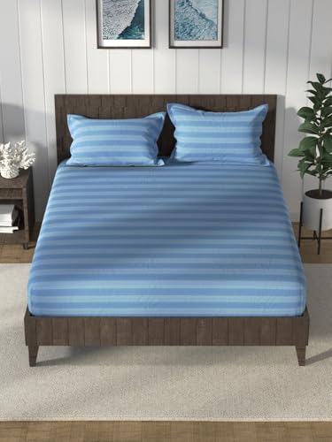 Image of NAUTICA Cotton King Bedsheet with 2 Pillow Covers -3pc Set (noridge) | 160TC | Super Soft Touch Stripe-Blue