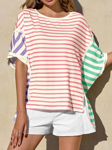 Tankaneo Womens Oversized Striped T-Shirts Color Block Short Sleeve Tee Tops Summer Casual High Low Hem Shirts4