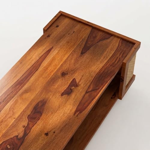 Image of Wooden Centre Table for Living Room | Modern Coffee Table with Cane Rattan Side Panels & Open Storage Shelf | Rectangle Center Table for Home, Drawing Room & Office | Solid Wood Tea Table