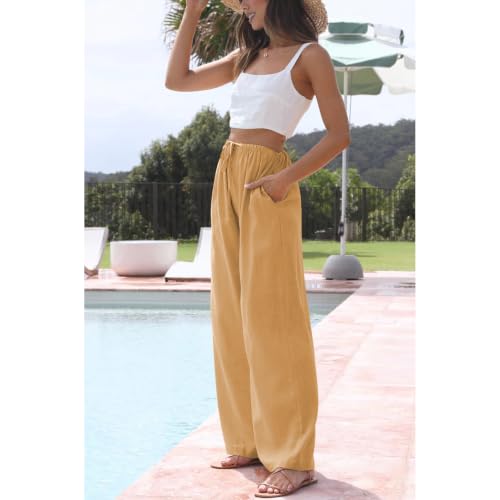 Image of Duyang Womens Cotton Linen Palazzo Pants Drawstring Elastic Waist Casual Wide Leg Trousers with Pockets
