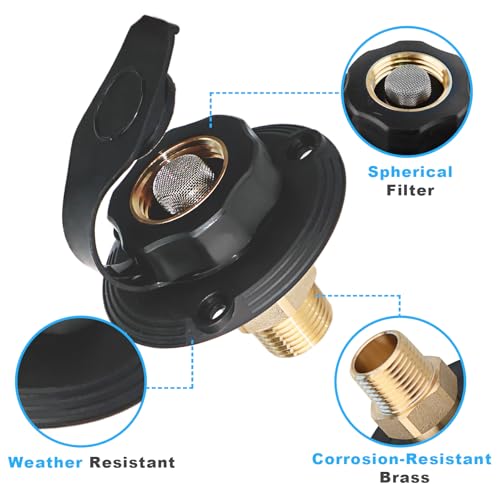 Image of Lead-Free Brass RV Water Inlet Connection, 1 /2 inch NPT Male City Water Fill Flange with Check Valve, Leak-Free City Water Hookup for Camper, Trailer(Black)