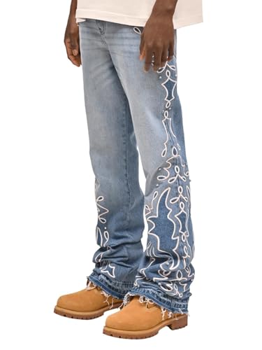 crazynekos Men's Ripped Slim Fit Straight Leg Jean Pearl Patch Denim Pant Baggy Trousers with Pockets