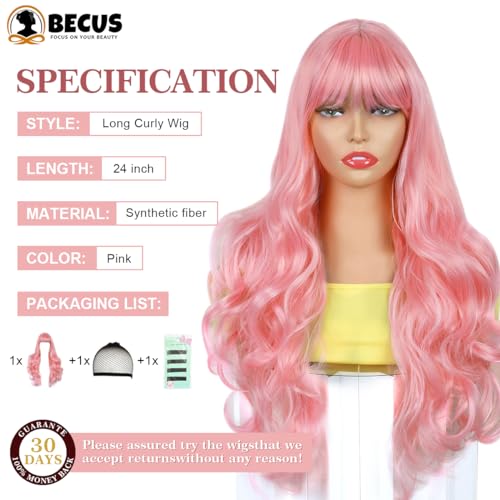 BECUS Pink Wig Body Wavy Wigs for Women Synthetic Wig Natural Curly with Straight Bangs for Cosplay Party Halloween Costume(24"-Pink) - Image 3