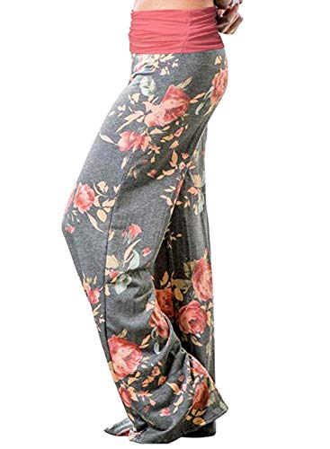 Gracyoga Women's Comfy Pajama Pants Wide Leg Lounge Palazzo Yoga Pants Stretch Casual Floral Print Fold Waist Pants #TOP1