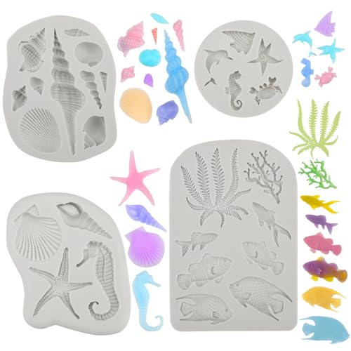 Beasea Silicone Molds Marine Theme, 4pcs Fondant Cake Decoration Mold Seashell Starfish Crab Sea Fish Seaweed Conch Silicone Sheet Mat for Handmade Baking DIY