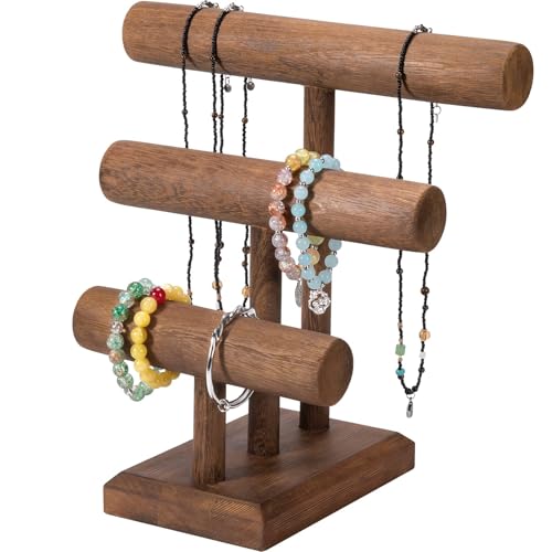 IRIIJANE 3-Tier Bracelet Holder Stand Display Wooden T-Bar Bracelets Holder Organizer for Displays, Storage Stand Tower for Bangle