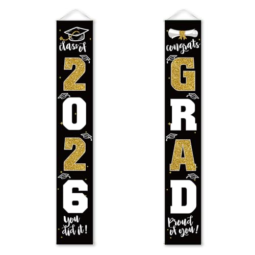 Image of Graduation Decorations 2026 Banner Porch Sign Black Gold for Class of 2026 Graduates Party Supplies