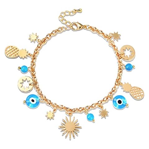 HEYu Dainty Gold Evil Eye Stars Anklet Bracelet for Women 14K Gold Plated Turkey Eye of Evil Pineapple Charm Bracelets Lucky Protection Jewelry Birthday Christmas Gifts for Women Cover