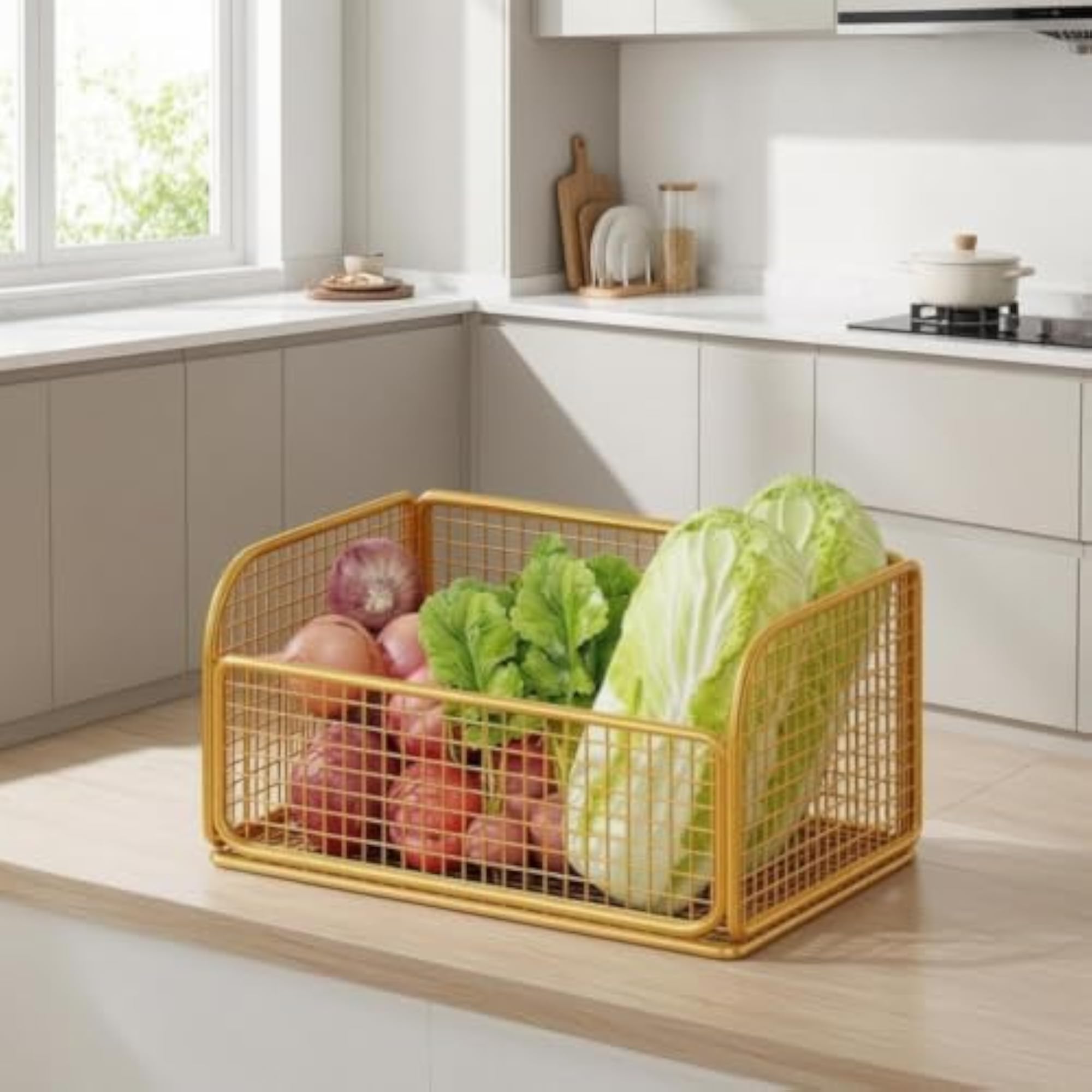 Floor-Standing White Vegetable Basket for Kitchen Storage