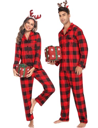 Christmas Family Matching Pajamas Set Couples Button Down Sleepwear Loungewear Long Sleeve Plaid Pjs Lounge Set (Men A- Red and Black Lattice Large)