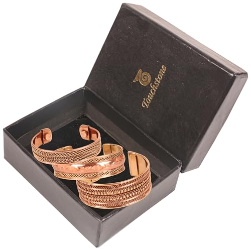 Image of Touchstone copper bracelets | gift for men women |adjustable 100% pure solid real magnetic jewelry | handmade bracelet set combo | rope braided tibetan bangles.