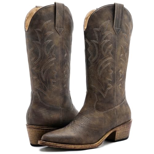 Image of GLOBALWIN Women's Mid Calf Western Cowboy Boots Cowgirl Boots for Women with Floral Embroidery Side Zipper Chunky Heel