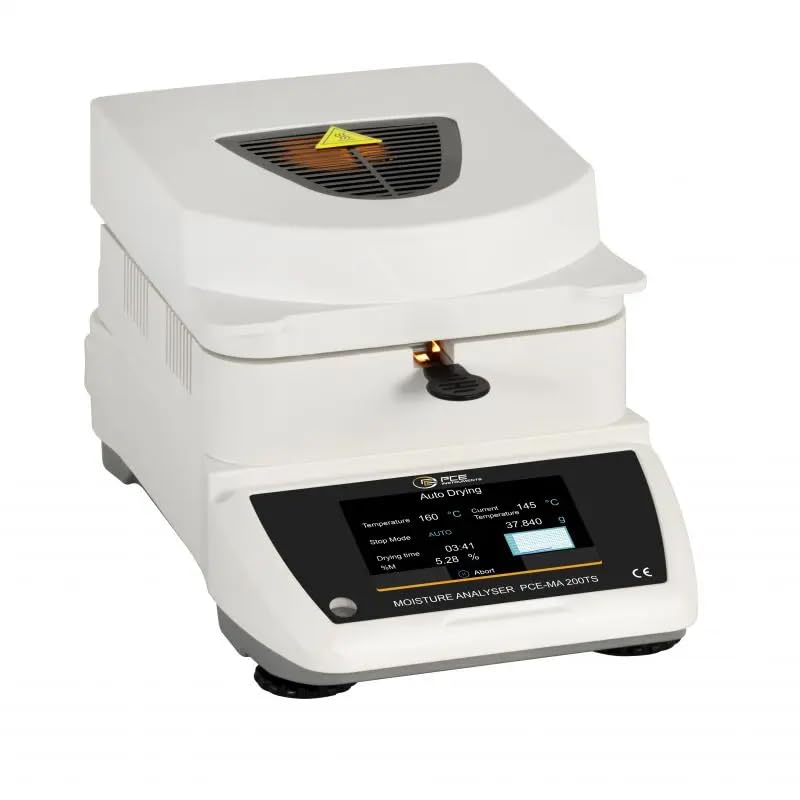 Balanza de laboratorio PCE-MA 200TS para la determinación precisa de la humedad absoluta de diferentes materiales/Pantalla táctil/Manejo sencillo/Memoria para 32 mediciones/Software opcional