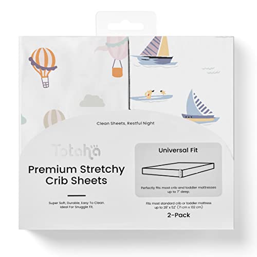 Image of TotAha Premium Stretchy Crib Sheets (2-Pack)-Hypoallergenic, Silky Comfort, Buttery Soft, Calming Effect, All-Season Jersey-Knit Sheets, 28 X 52 X 9'' Extra Deep Pocket (Balloon & Sailboat)