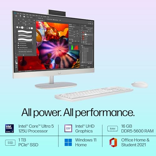 Image of HP All-in-One, Intel Core Ultra 5 125U (16GB DDR5,1TB SSD) IPS, 300 nits, Anti-Glare, 27inch(68.6cm) FHD, Win11, M365, Office24, Shell White, 6.72kg, FHD IR tilt Camera w /Privacy shuttter, 27-cr1027in