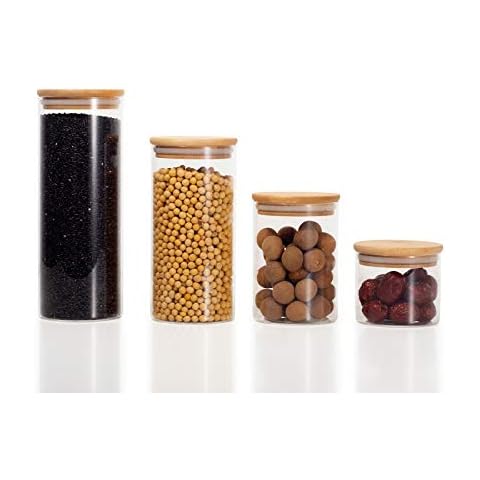 Ekirlin Glass Jar with Bamboo Lid Set of 4,Airtight Kitchen Food Cereal Containers for Storage,Canister Set for Jam Pasta Spaghetti Tea Coffee Beans Cookie Snack Flour (250/500/750/1000ml) Cover