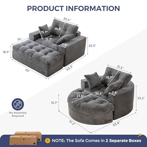 Image of MAXYOYO Modular Sectional Chaise Lounge Sofa, 2 Sets Upholstered Lounge Chair with Ottoman, Comfy Round+ Square Couch with Layered Cushion, Tufted Sleeper Chair for Living Room, No Assembly, Dark Grey