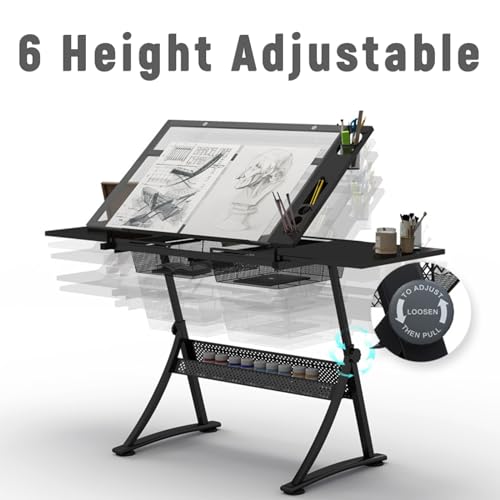 Adjustable Drafting Desk with Tiltable Glass Top for Artists Ideal for Home Office School and Study Room (Black 2*Side Tray)