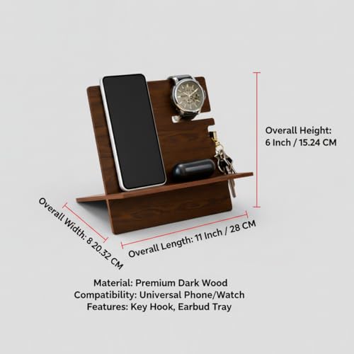 Image of Premium Wooden Docking Station for Men Mobile Stand with Key Hook and Earbud Tray Tabletop Desk Organizer for Office & Home | Size: 11 x 8 x 6 Inch