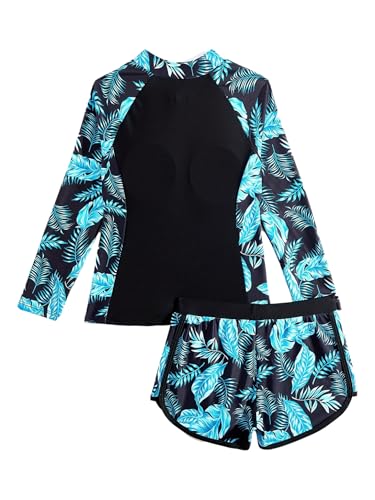Big Girls UPF 50+ 2 Pieces Rash Guard Sets Floral Swim Shirts with Shorts Sporty Swimwear Green 11-12 Years2