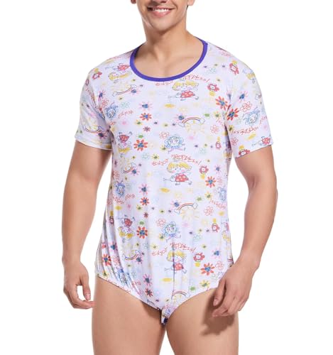 Mens Print Onesie Short Sleeve Bodysuit One Piece Pajama Tops Cotton Romper for Men - Doodling Flower3