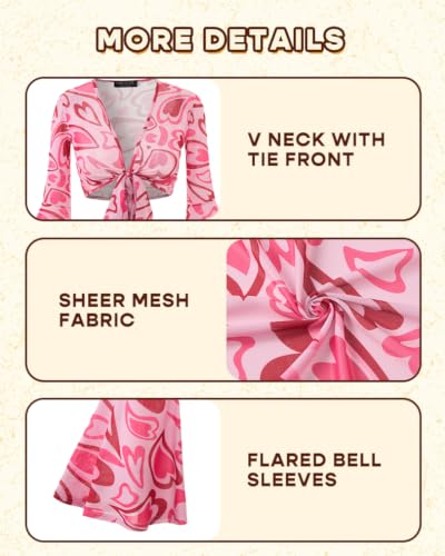 Image of For G and PL Women Tie Front Bell Sleeve Rave Crop Tops Floral Print Hippie Mesh Sheer Shirt
