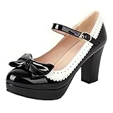 high heels mary janes MISSUIT Damen High Heels Mary Jane Pumps Blockabsatz Lack Plateau Pumps mit Riemchen Schleife(Schwarz,41)