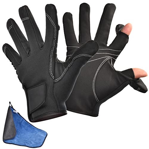 フィッシンググローブ ColorGo 釣り手袋 2本切り 2in1 ルアー グローブ 防寒 防水 防風 保温 調整可能 アウトドア ジギング 春秋冬用 タオル付き メンズ レディース 左右兼用 (M, 黒)