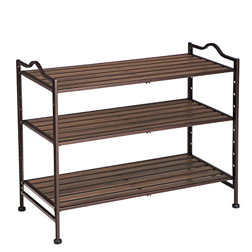 SONGMICS 3- Tier Slat Shoe Rack, Stackable and Expandable with Adjustable Shelves, Entryway Shoe Storage Organizer with Metal Frame ULMR13AX