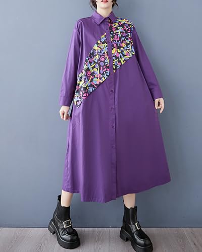 Image of ellazhu Womens Fall Casual Patchwork Funky Long Sleeve Designer Dress Loose Blouse GY2787 A