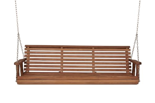Image of Amish Casual Heavy Duty 700 Lb Capacity Porch Swing (6 Foot, Oak Stain) - Wooden Outdoor Roll Back Swing with Hanging Chains - Amish Made in the USA