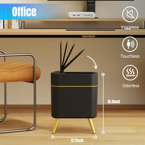 Image of 2 Pack - Automatic Bathroom Trash Can with Lid - Smart Trash Can Touchless | Bedroom, Office, Kitchen, Living Room - 2.5 Gal Motion Sensor Garbage Can - Black with Gold Legs
