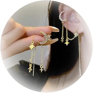 Star Moon Ear Cuff With Chain Star Moon Tassel Earrings Long Chain Star Moon Wrap Climber Ear Clips Earrings Dangle Earrings Helix Cartilage Earrings Jewelry Gift for Women Girls