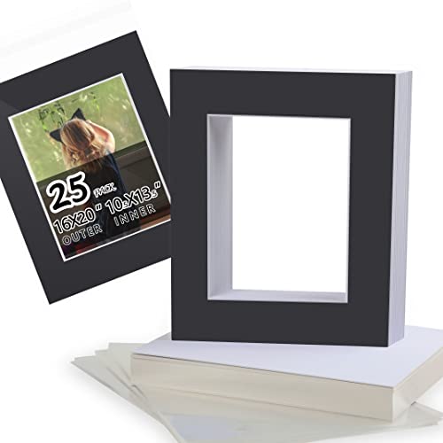 Falling in Art 25 Pack Acid Free 16x20 Black Picture Mats Board Show Kit for 11x14 Photo 4-Ply Beveled Pre-Cut Photo Mats with Backing Board and Plastic Clear Bags
