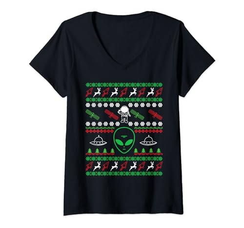 Astronaute Space Funny Alien Christmas Santa Ugly Christmas T-Shirt avec Col en V