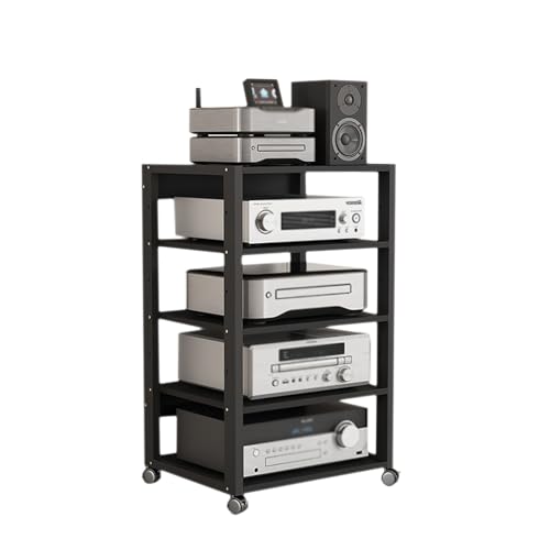 Dernoing 5 Tier Audio Rack Tower, CD Record Player Stereo Receiver AV Equipment Cabinet Display Rack, Weight Capacity 661 lbs, with Adjustable Wooden Shelves for Home (5 Tier Black)