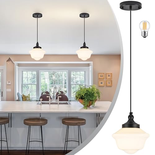 Bagood 8' Milk Glass Pendant Light Black Schoolhouse Light Fixture Schoolhouse Pendant Light Milk...