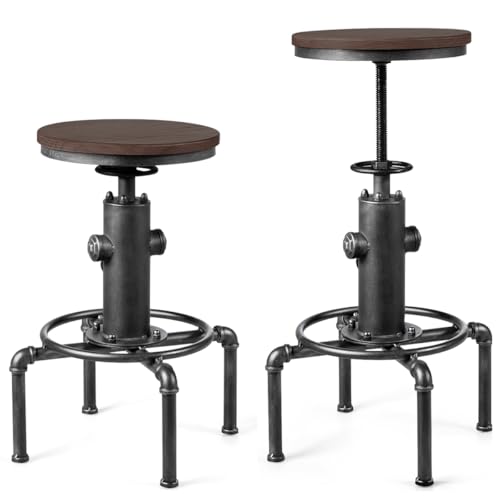 HOMASIS Tabouret de Bar Réglable en Hauteur - Style Industriel en Bois et Métal, Pivotant à 360° Avec Repose-Pieds Antidérapant, Charge 150 kg (Gris Argent)
