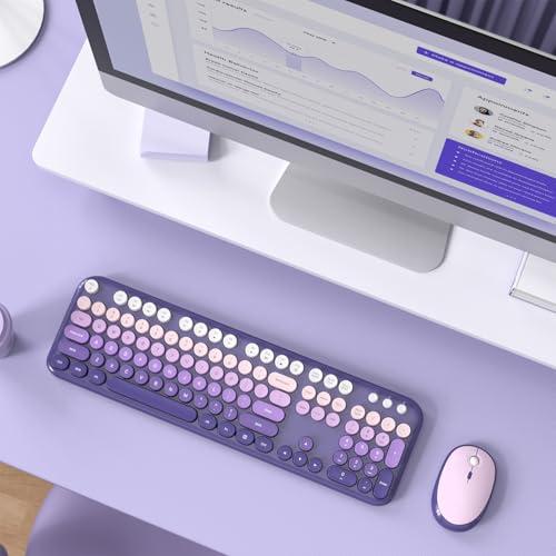 Image of KNOWSQT Wireless Keyboard Mouse Combo - Lovely Purple-Gradient Rainbow Full-Sized Typewriter Colorful Keyboards, Round Keycap Plug Play Retro Cute Keyboards for Windows, Laptop, PC, Desktop, Computer