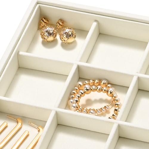 24 Grids Microfiber Jewelry Trays Ring Earrings Organizer Tray Stackable Jewelry Drawer Organizer(Beige)