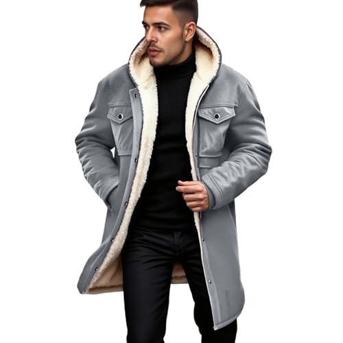 Vhersily Abrigo de invierno para hombre, largo con capucha, chaqueta cortavientos vintage, de forro polar, cómodo y cálido, bolsillo en el pecho, clásico, de moda, camping, trabajo, suave, cómodo para