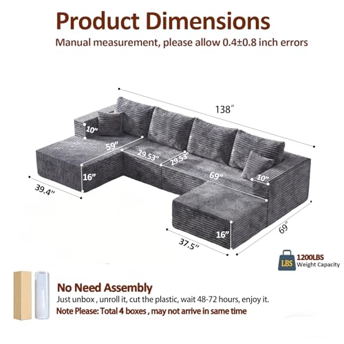 Image of 138 inch Modern Modular Sectional Sofa, U-Shaped Cloud Couch, Soft Corduroy Boneless Couch with 3060 High Rebound Memory Foam, Sectional Couches for Living Room-Grey(Left Facing Chaise)