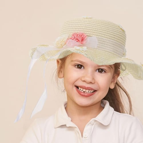 Homoyoyo 2pcs Boys and Girls Sun Hat Bag Set Girls Straw Beach Hat Daisy Pattern Comfortable White3
