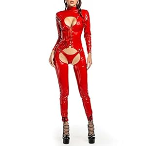 Wangxldd Dames Straitjacket Catsuit Bodysuit Sexy Crime Kostuum PVC Wet Look Latex Jumpsuit, Rood, M