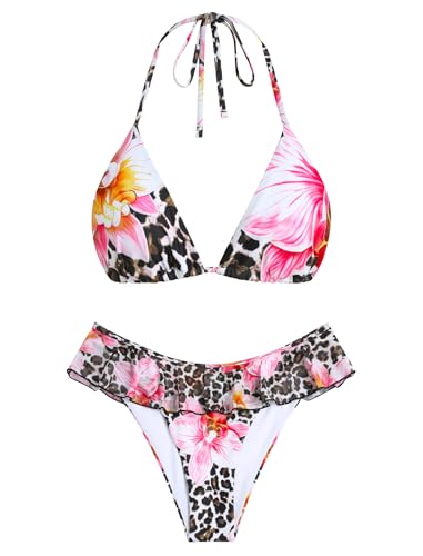 Image of ZAFUL Bikini Set for Women Two Piece Swimsuits Cheeky Triangle Bikini Ruffle Contrast Color Bathing Suit