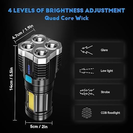 Image of 4-in-1 LED Torch Lights Rechargeable Emergency Torch Light 3W USB Charge Flashlight - High Power Long Distance Beam Range 4 Mode Torch for Outdoor, Indoor, Hiking, Walking, Camping