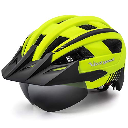 VICTGOAL Bike Helmet for Men Women with Led Light Detachable Magnetic Goggles Removable Sun Visor Mountain & Road Bicycle Helmets Adjustable Size Adult Cycling Helmets (Yellow)